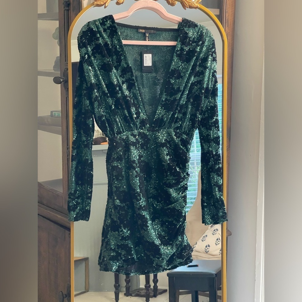 NWT Maje Green and Black Sequin-embroidered dress - Picture 6 of 16